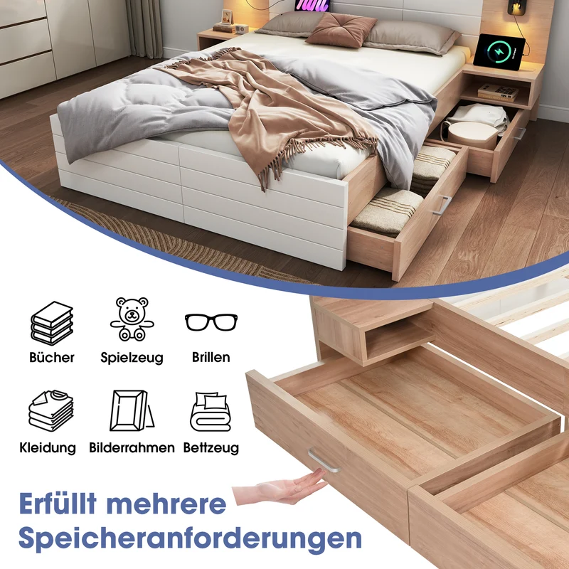 Lit queen effet bois et blanc avec 2 tiroirs, LED & USB, 2 tables de chevet 160x200cm INFINITEINFIN