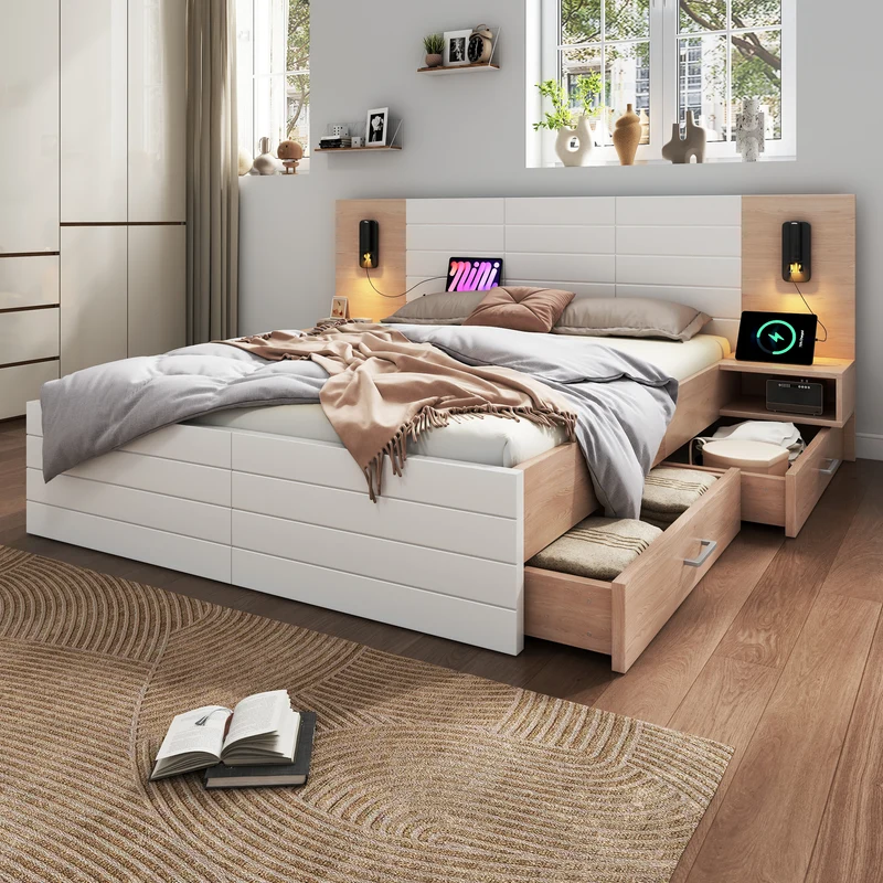 Lit queen effet bois et blanc avec 2 tiroirs, LED & USB, 2 tables de chevet 160x200cm INFINITEINFIN