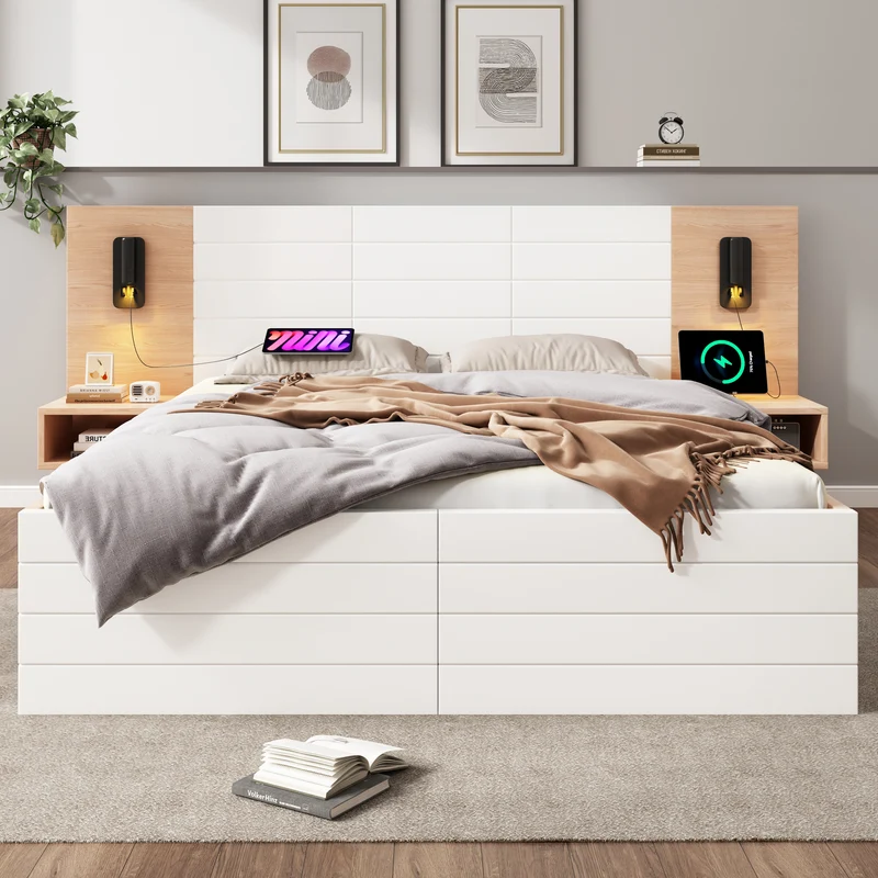 Lit queen effet bois et blanc avec 2 tiroirs, LED & USB, 2 tables de chevet 160x200cm INFINITEINFIN