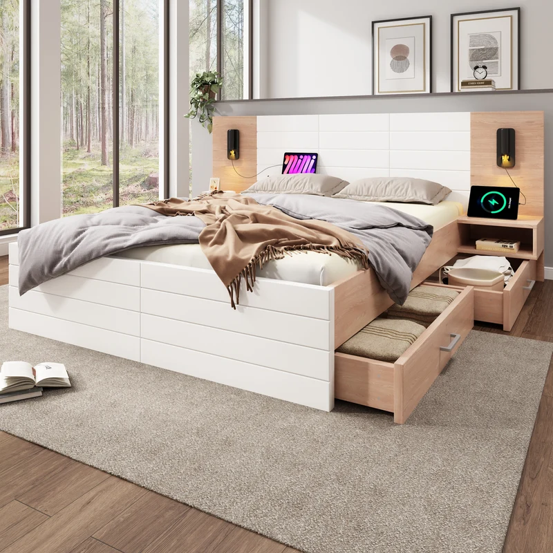 Lit queen effet bois et blanc avec 2 tiroirs, LED & USB, 2 tables de chevet 160x200cm INFINITEINFIN