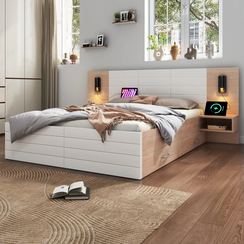 Lit queen effet bois et blanc avec 2 tiroirs, LED & USB, 2 tables de chevet 160x200cm INFINITEINFIN