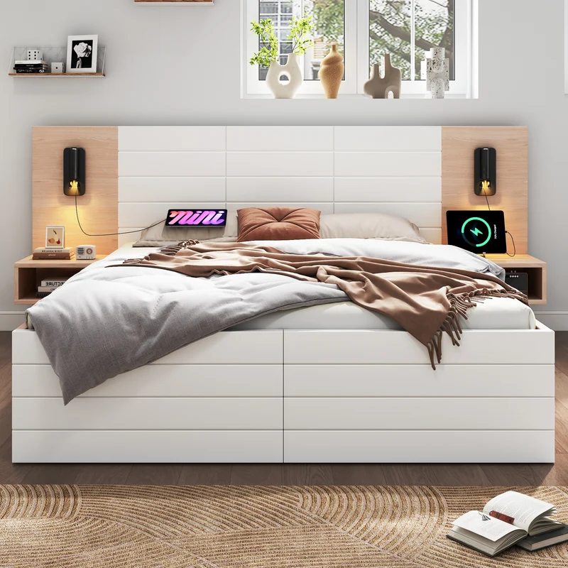 Lit queen effet bois et blanc avec 2 tiroirs, LED & USB, 2 tables de chevet 160x200cm INFINITEINFIN