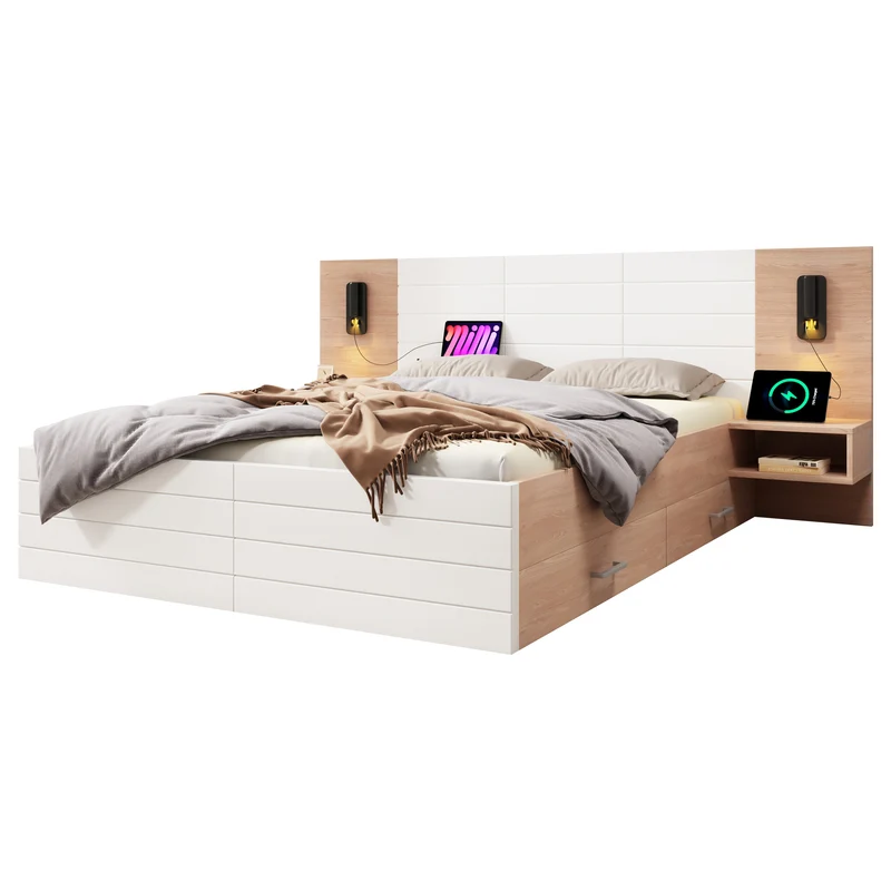 Lit queen effet bois et blanc avec 2 tiroirs, LED & USB, 2 tables de chevet 160x200cm INFINITEINFIN