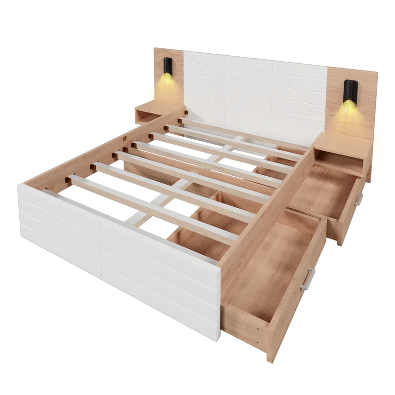Lit queen effet bois et blanc avec 2 tiroirs, LED & USB, 2 tables de chevet 160x200cm INFINITEINFIN