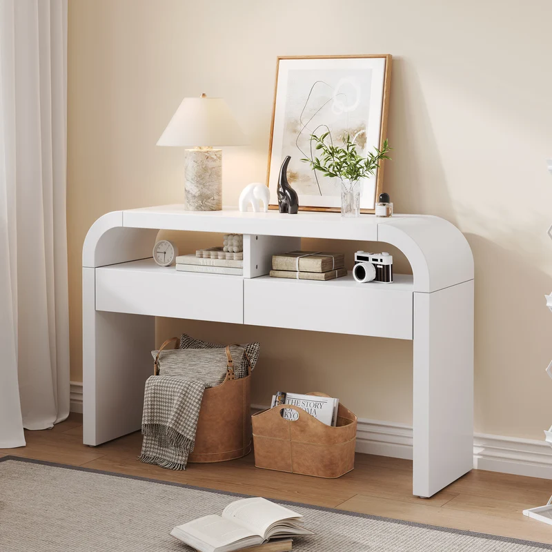 Console d'entrée blanc avec 2 tiroirs design courbé 120x35,5cm INFINITEMERID