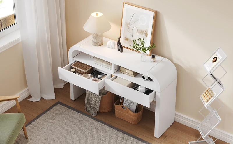 Console d'entrée blanc avec 2 tiroirs design courbé 120x35,5cm INFINITEMERID