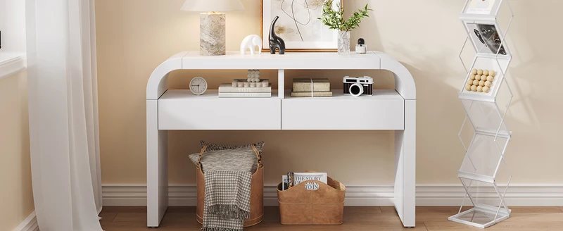 Console d'entrée blanc avec 2 tiroirs design courbé 120x35,5cm INFINITEMERID
