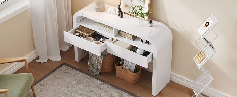 Console d'entrée blanc avec 2 tiroirs design courbé 120x35,5cm INFINITEMERID