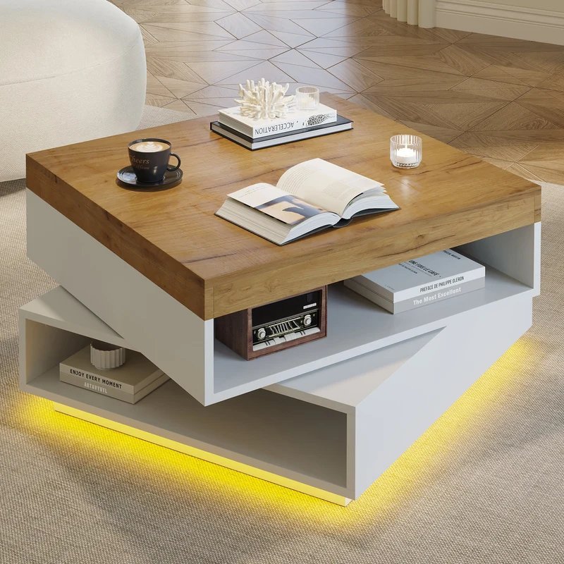 Table basse effet bois carrée pivotant 360° avec LED 65x65x40cm MERIDIANMOMENT