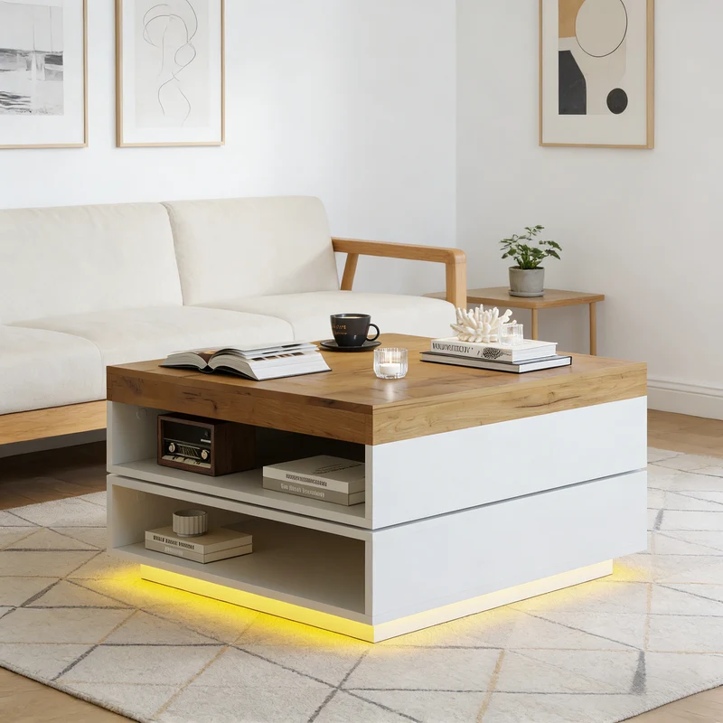 Table basse effet bois carrée pivotant 360° avec LED 65x65x40cm MERIDIANMOMENT