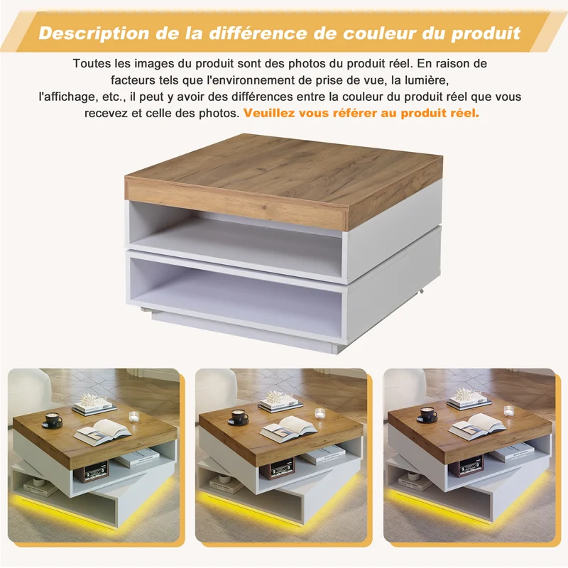 Table basse effet bois carrée pivotant 360° avec LED 65x65x40cm MERIDIANMOMENT