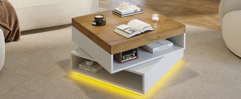 Table basse effet bois carrée pivotant 360° avec LED 65x65x40cm MERIDIANMOMENT