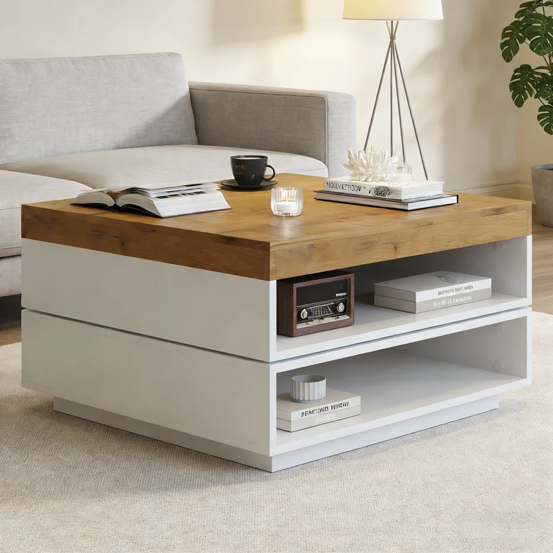 Table basse effet bois carrée pivotant 360° avec LED 65x65x40cm MERIDIANMOMENT