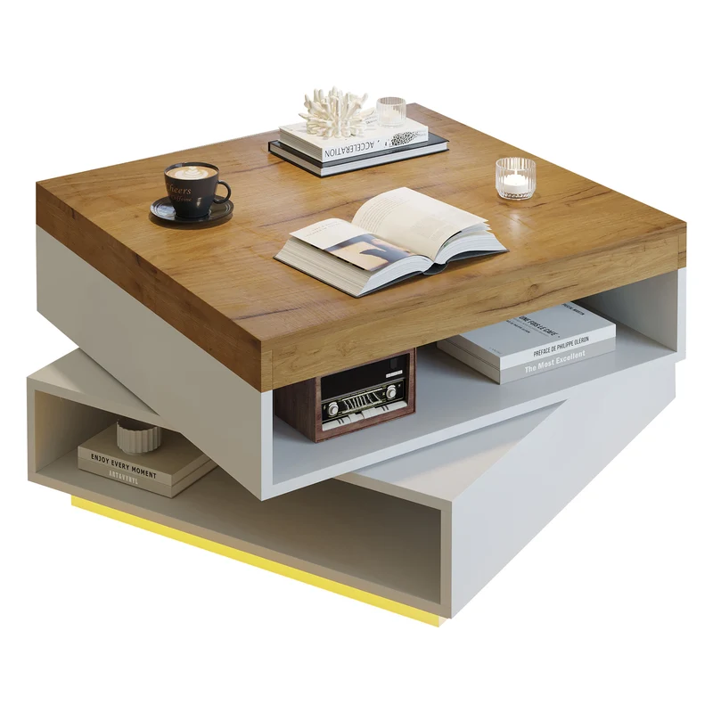 Table basse effet bois carrée pivotant 360° avec LED 65x65x40cm MERIDIANMOMENT