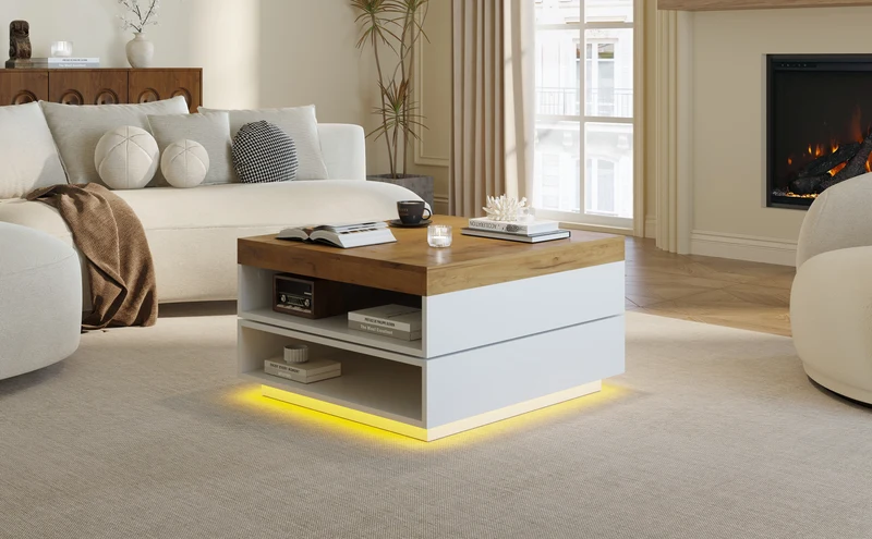 Table basse effet bois carrée pivotant 360° avec LED 65x65x40cm MERIDIANMOMENT