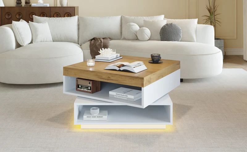 Table basse effet bois carrée pivotant 360° avec LED 65x65x40cm MERIDIANMOMENT