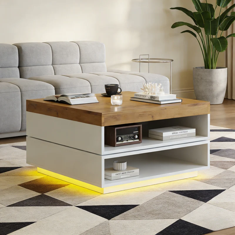 Table basse effet bois carrée pivotant 360° avec LED 65x65x40cm MERIDIANMOMENT