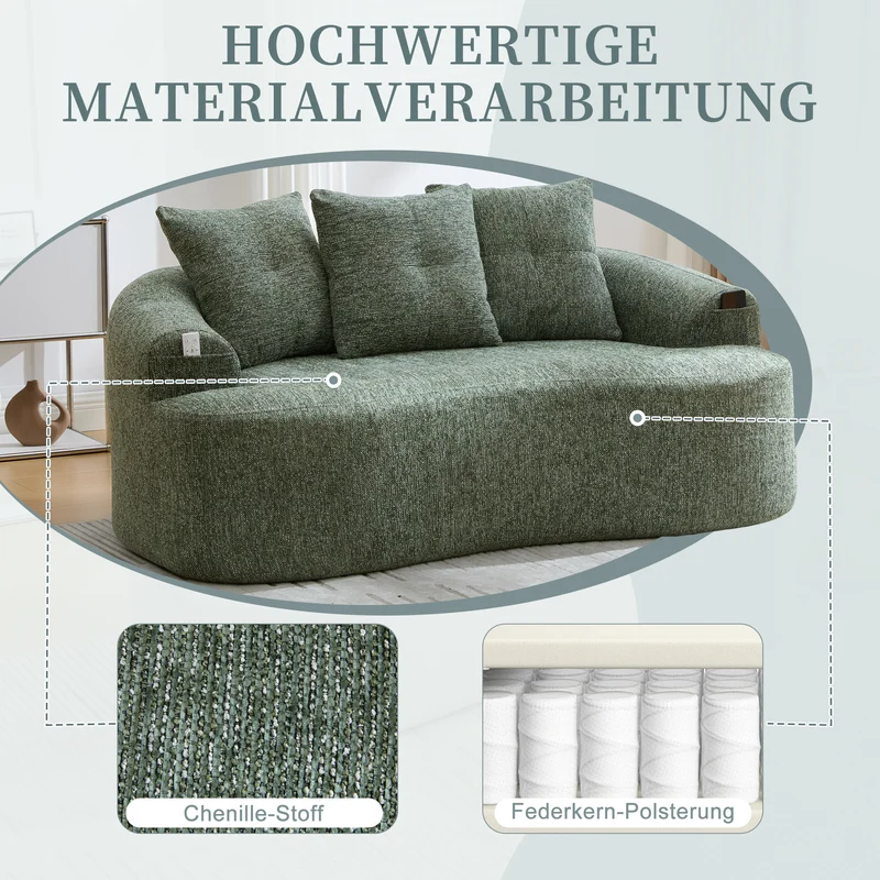 Canapé 2 places en chenille vert coussins profonds sans montage 164cm FLAREMOMENTUU
