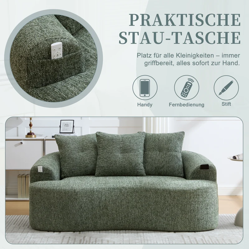 Canapé 2 places en chenille vert coussins profonds sans montage 164cm FLAREMOMENTUU