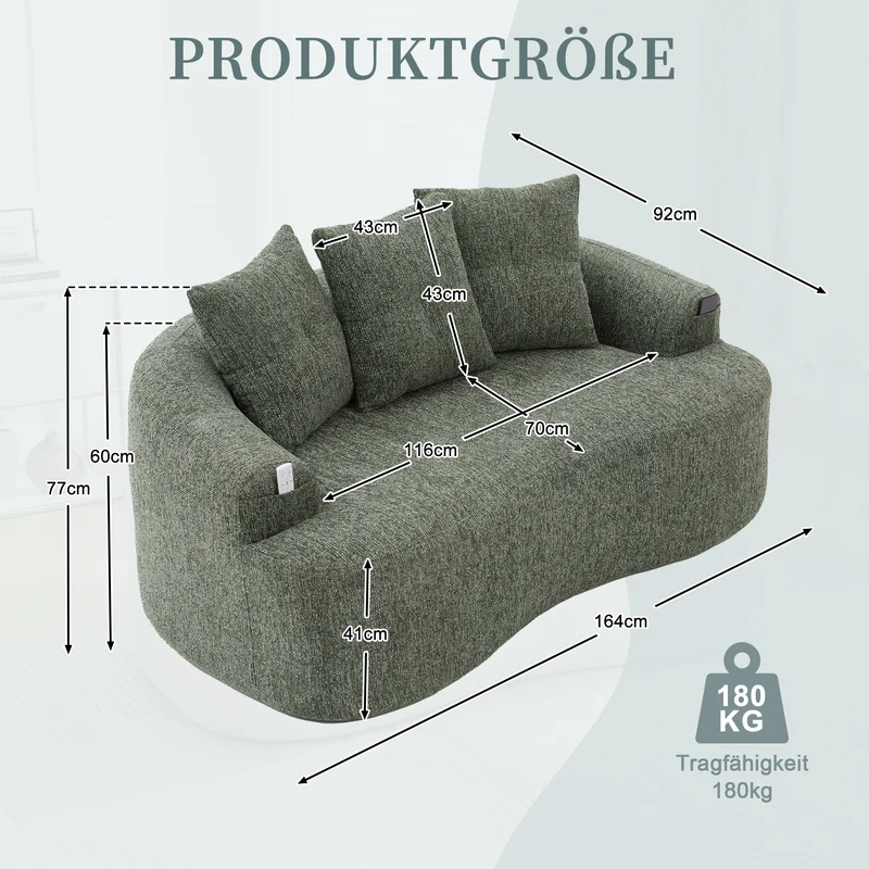 Canapé 2 places en chenille vert coussins profonds sans montage 164cm FLAREMOMENTUU