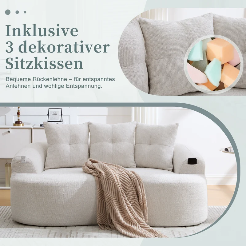 Canapé 2 places en chenille beige coussins profonds sans montage 164cm FLARECASCADEE
