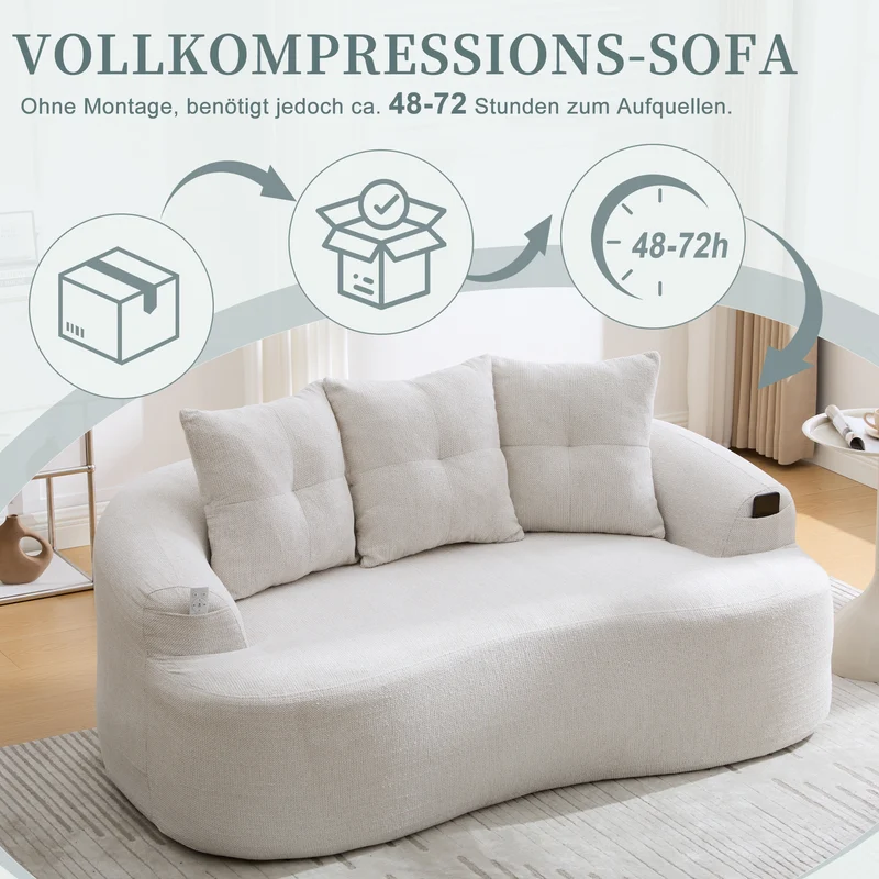 Canapé 2 places en chenille beige coussins profonds sans montage 164cm FLARECASCADEE