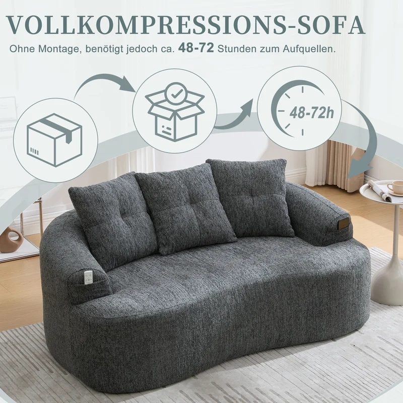 Canapé 2 places en chenille grise coussins profonds sans montage 164cm FLAREMERIDIA