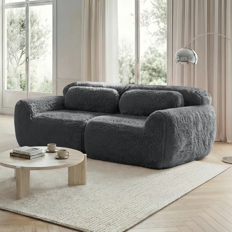 Canapé 2 places modulable en tissu peluche gris, avec coussins, sans montage RIFTINFINITE