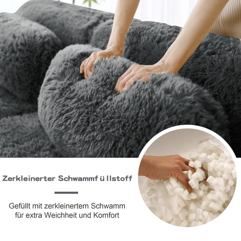 Canapé 2 places modulable en tissu peluche gris, avec coussins, sans montage RIFTINFINITE
