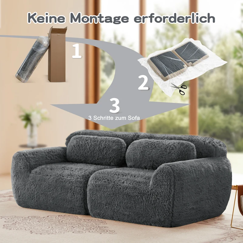 Canapé 2 places modulable en tissu peluche gris, avec coussins, sans montage RIFTINFINITE