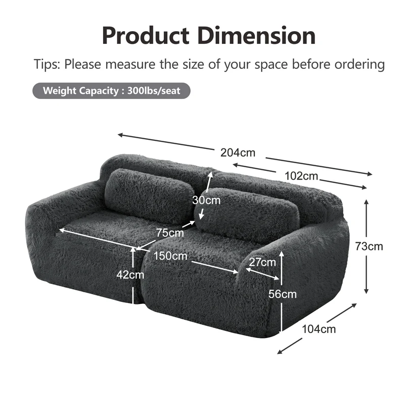 Canapé 2 places modulable en tissu peluche gris, avec coussins, sans montage RIFTINFINITE