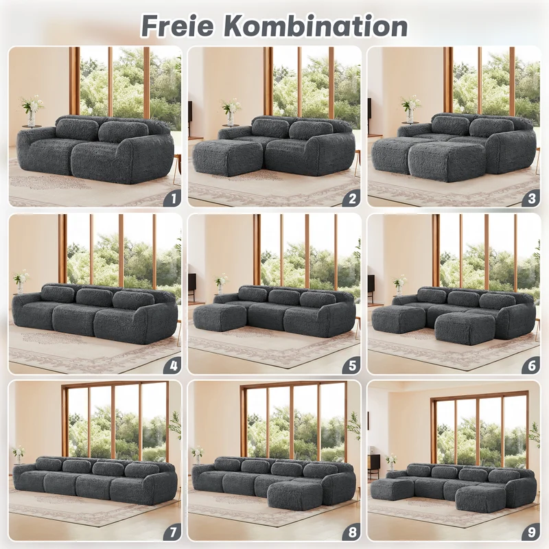 Canapé 2 places modulable en tissu peluche gris, avec coussins, sans montage RIFTINFINITE