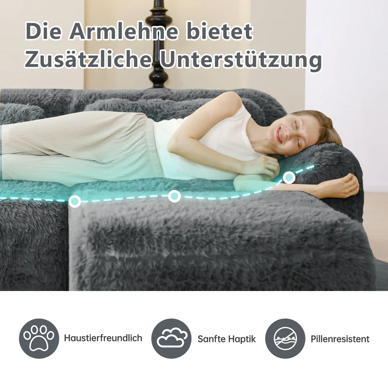 Canapé 2 places modulable en tissu peluche gris, avec coussins, sans montage RIFTINFINITE