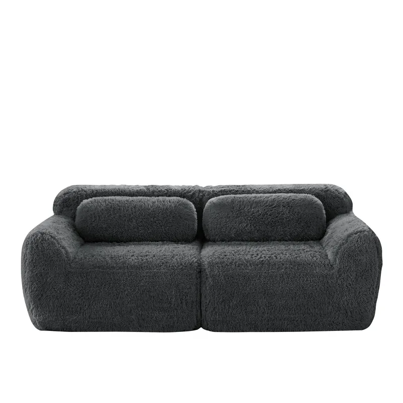 Canapé 2 places modulable en tissu peluche gris, avec coussins, sans montage RIFTINFINITE