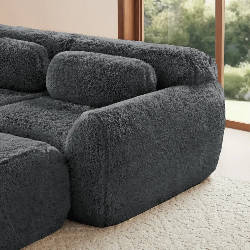 Canapé 2 places modulable en tissu peluche gris, avec coussins, sans montage RIFTINFINITE