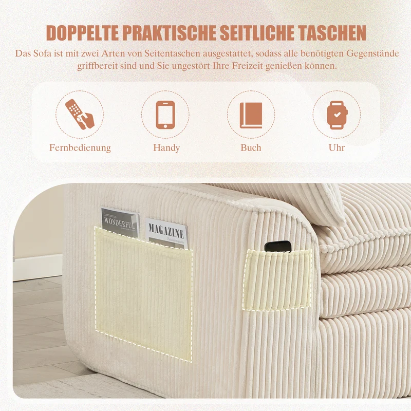 Canapé 2 places en velours côtelé beige, poches latérales et coussins inclus FLAREIAA