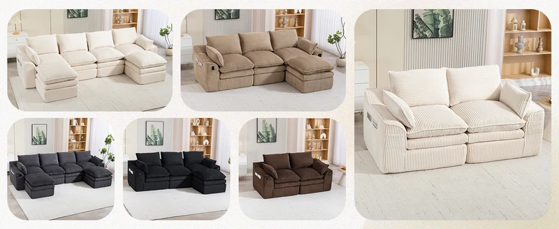 Canapé 2 places en velours côtelé beige, poches latérales et coussins inclus FLAREIAA