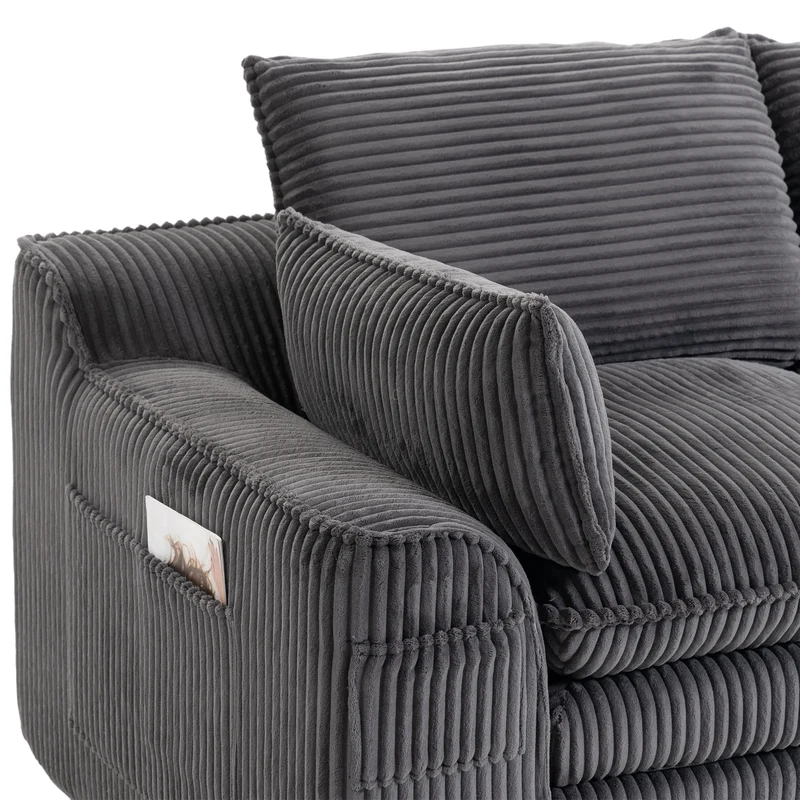 Canapé 2 places en velours côtelé gris foncé, poches latérales et coussins inclus FLAREINEE
