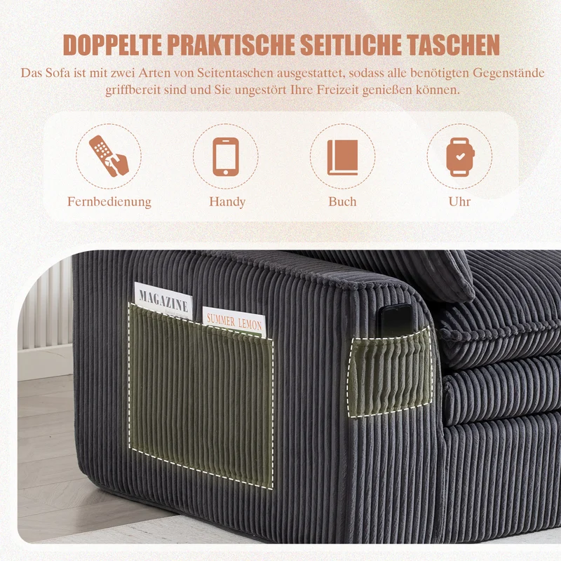 Canapé 2 places en velours côtelé gris foncé, poches latérales et coussins inclus FLAREINEE