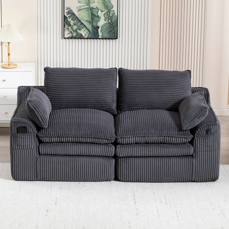 Canapé 2 places en velours côtelé gris foncé, poches latérales et coussins inclus FLAREINEE