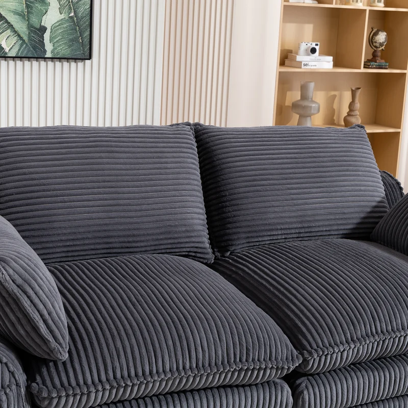 Canapé 2 places en velours côtelé gris foncé, poches latérales et coussins inclus FLAREINEE