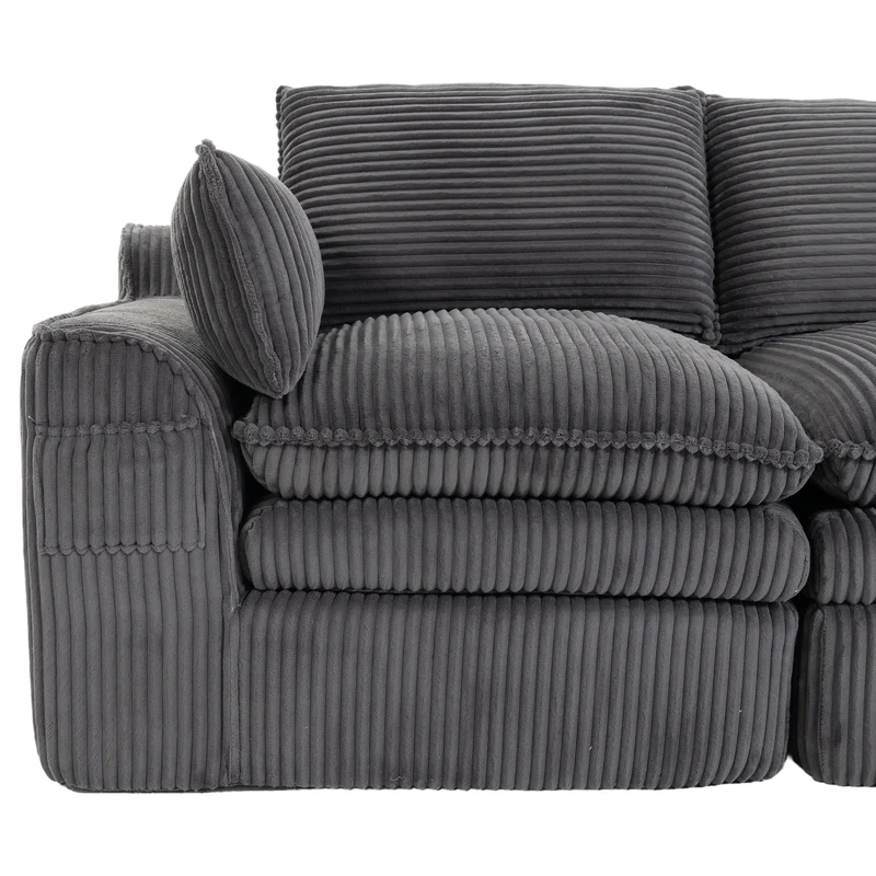 Canapé 2 places en velours côtelé gris foncé, poches latérales et coussins inclus FLAREINEE