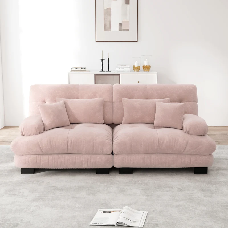 Canapé 2 places en chenille rose avec coussins FLAREISTY