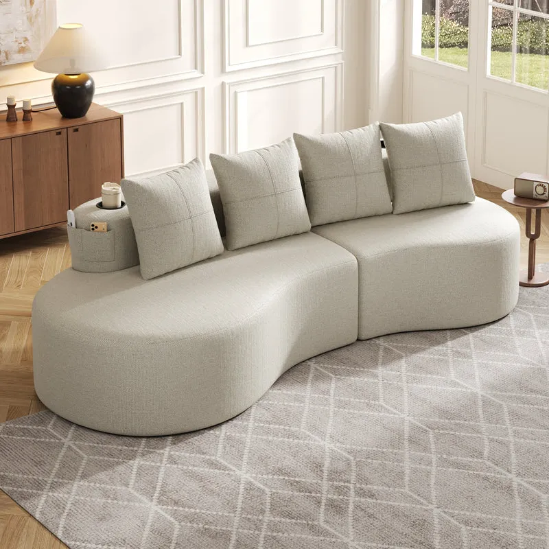 Canapé 3 places en lin gris clair avec 4 coussins, porte-gobelet, poches latérales sans montage 240x109cm FLAREMOMEN