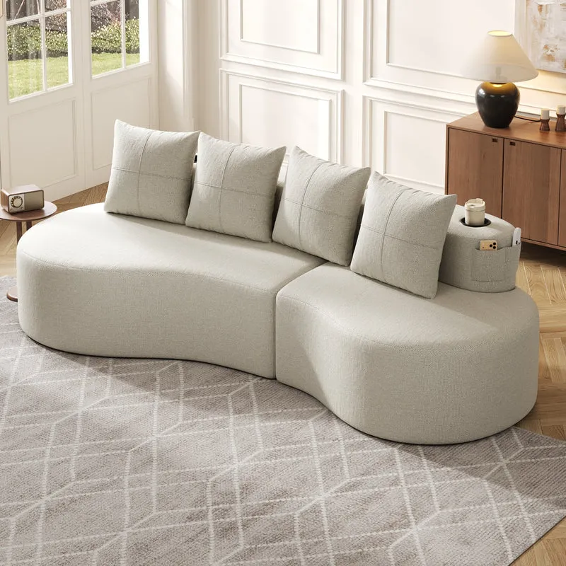 Canapé 3 places en lin gris clair avec 4 coussins, porte-gobelet, poches latérales sans montage 240x109cm FLAREMOMEN