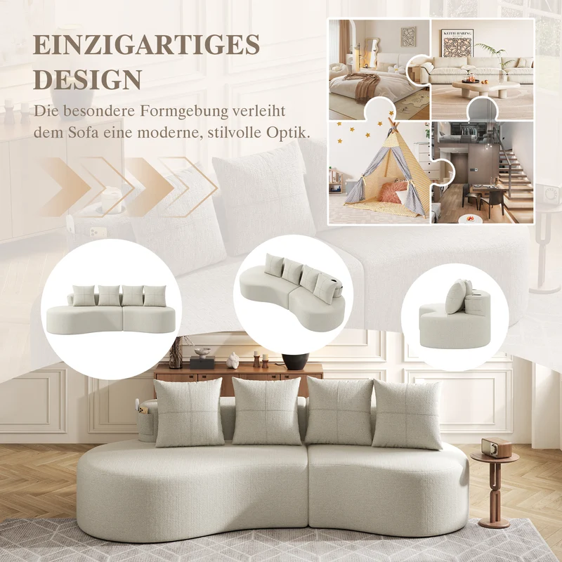 Canapé 3 places en lin gris clair avec 4 coussins, porte-gobelet, poches latérales sans montage 240x109cm FLAREMOMEN