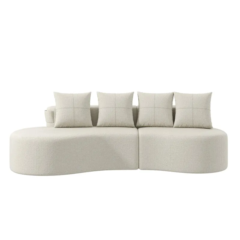 Canapé 3 places en lin gris clair avec 4 coussins, porte-gobelet, poches latérales sans montage 240x109cm FLAREMOMEN