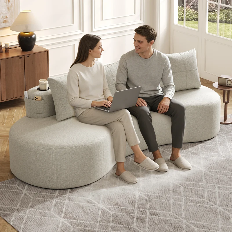 Canapé 3 places en lin gris clair avec 4 coussins, porte-gobelet, poches latérales sans montage 240x109cm FLAREMOMEN