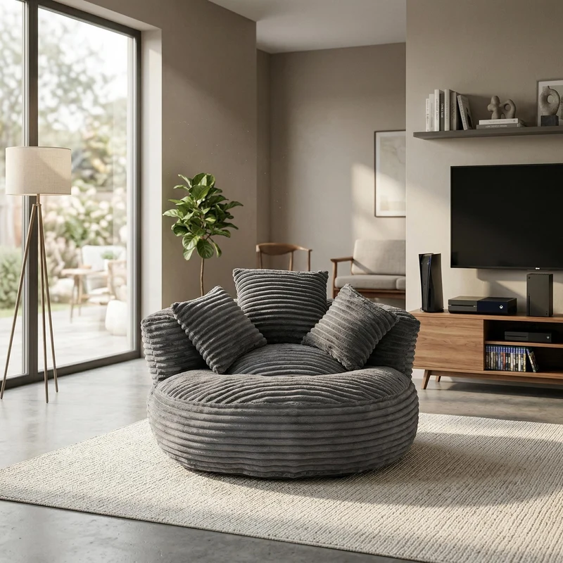 Grand fauteuil rond en velours côtelé gris chaise lounge avec trois coussins FLAREINFIN