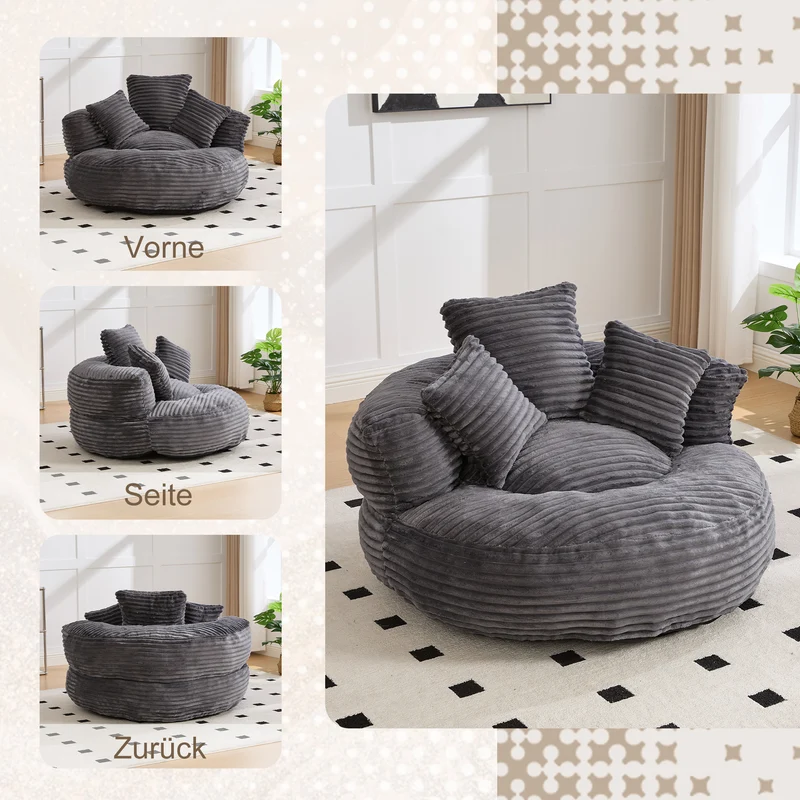Grand fauteuil rond en velours côtelé gris chaise lounge avec trois coussins FLAREINFIN